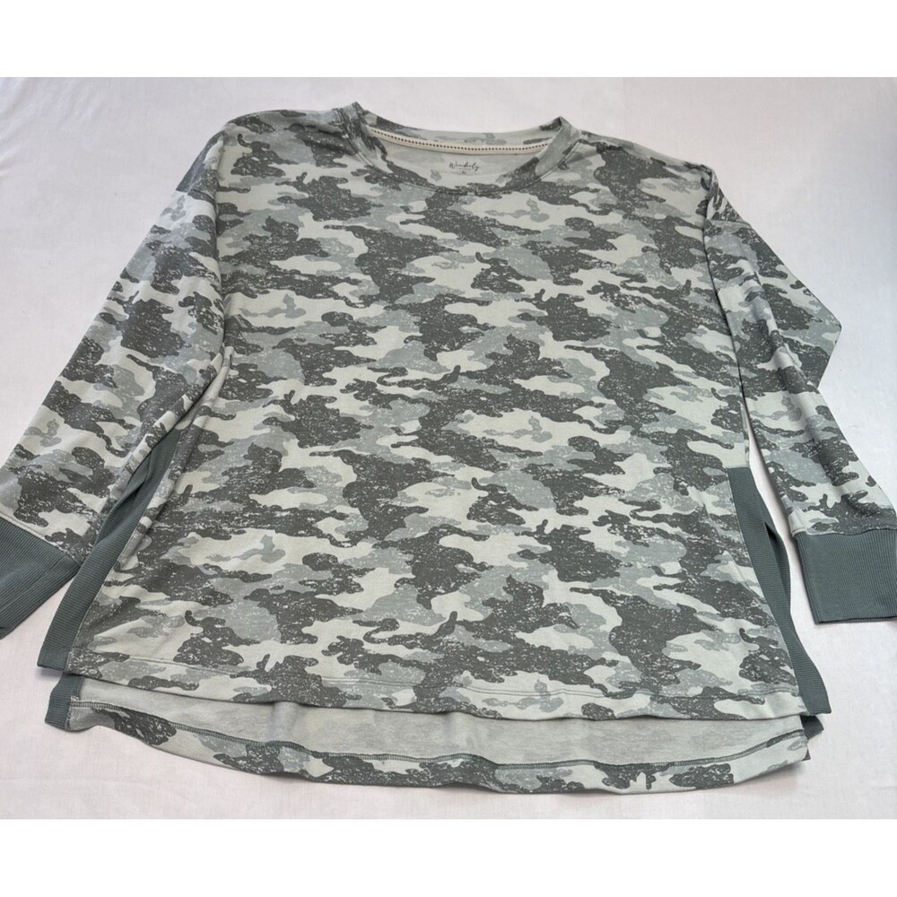 Wonderly Studio Women's Lightweight Sweatshirt Gray Camo Long Sleeve Size XL